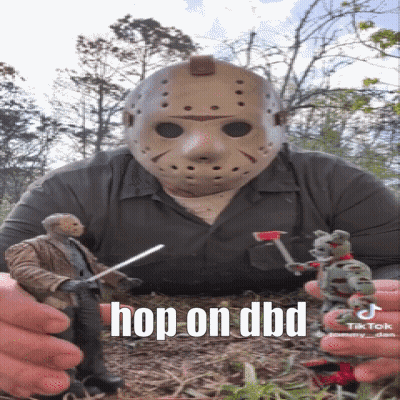 A Man Wearing A Jason Voorhees Mask Is Holding Two Action Figures And Says Hop On Dbd GIF