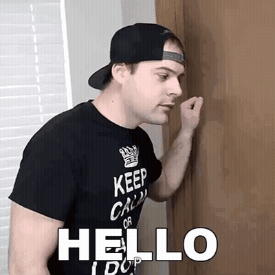 A Man Wearing A Keep Calm Or Die Shirt Is Knocking On A Door GIF