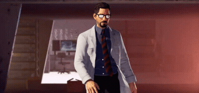 A Man Wearing A Lab Coat And Tie Is Standing In A Room . GIF