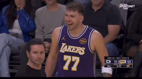 A Man Wearing A Lakers Jersey Is Laughing GIF