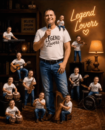 A Man Wearing A Legend Lovers T-Shirt Is Surrounded By Smaller Men GIF