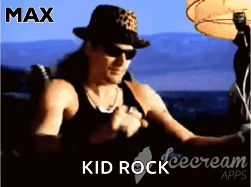 A Man Wearing A Leopard Print Hat And Sunglasses Is Sitting In A Chair With The Words Max Kid Rock Icecream Apps Below H GIF