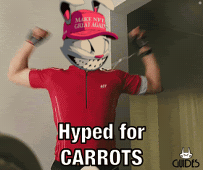 A Man Wearing A Make Nft Great Again Hat Flexes His Muscles And Says Hyped For Carrots GIF