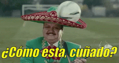 A Man Wearing A Mariachi Hat Is Holding A Soccer Ball And A Guitar . GIF