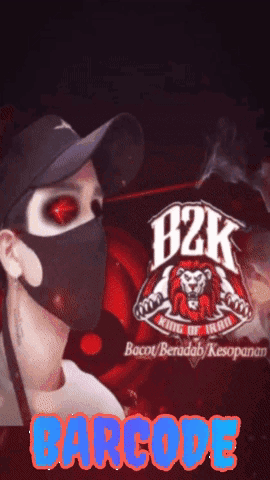 A Man Wearing A Mask And A Hat With The B2k Logo Behind Him GIF