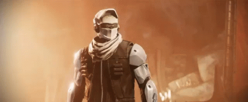 A Man Wearing A Mask And A Scarf Is Standing In A Room In A Video Game . GIF