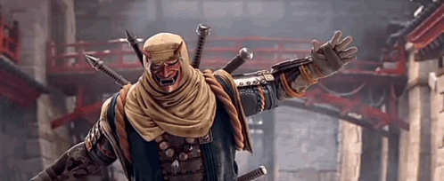 A Man Wearing A Mask And Holding A Sword Is Standing In Front Of A Bridge In A Video Game . GIF