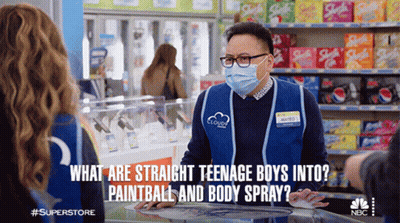 A Man Wearing A Mask Asks What Are Straight Teenage Boys Into Paintball Body Spray GIF