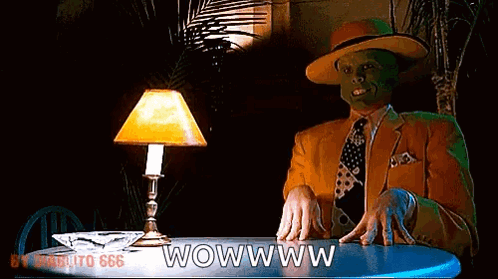 A Man Wearing A Mask Is Sitting At A Table With A Lamp And Says Wowwww . GIF