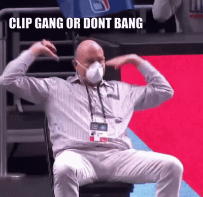 A Man Wearing A Mask Is Sitting In A Chair With His Arms Outstretched And The Words Clip Gang Or Dont Bang Above Him GIF
