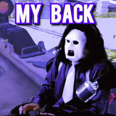 A Man Wearing A Mask Is Sitting In Front Of A Microphone With The Words My Back Above Him GIF