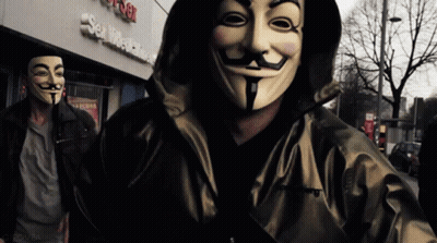 A Man Wearing A Mask Is Standing In Front Of A Building That Says Sex Machine GIF