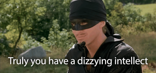A Man Wearing A Mask With The Words " Truly You Have A Dizzying Intellect " Below Him GIF