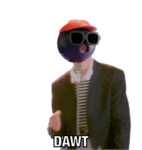 A Man Wearing A Mcdonald 'S Hat And Sunglasses Sings Into A Microphone With The Word Dawt On The Bottom Sticker