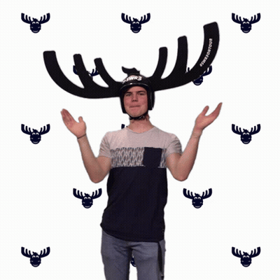 A Man Wearing A Moose Hat That Says ' Rswr3 ' On It GIF