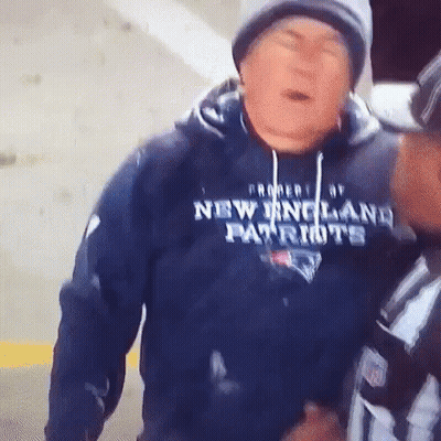 A Man Wearing A New England Patriots Sweatshirt Is Talking To A Referee . GIF