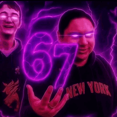 A Man Wearing A New York Shirt Holds Up A Purple Number 67 GIF