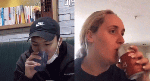 A Man Wearing A Nike Hat And A Woman Drinking From A Can GIF