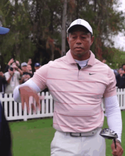 A Man Wearing A Nike Shirt And A Tiger Woods Hat Holds A Golf Club On A Golf Course GIF