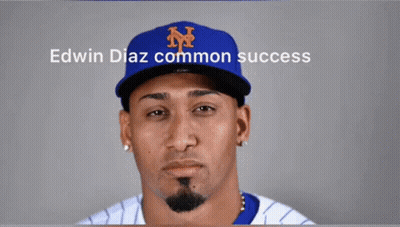 A Man Wearing A Ny Hat With The Words Edwin Diaz Common Success On The Bottom GIF