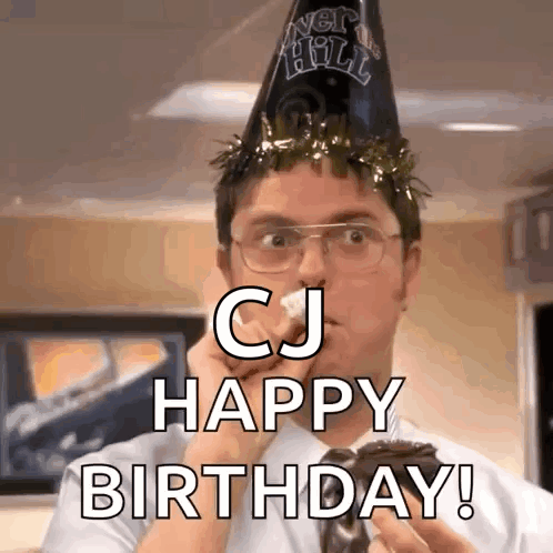 A Man Wearing A Party Hat And Glasses Is Eating A Cupcake And Saying Happy Birthday . GIF