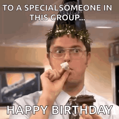 A Man Wearing A Party Hat Is Eating A Piece Of Cake And Says Happy Birthday GIF