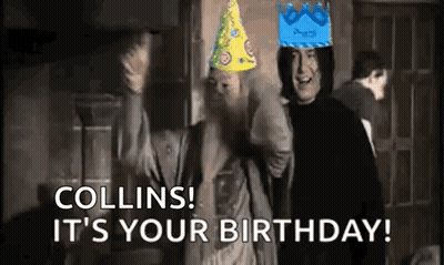 A Man Wearing A Party Hat Is Standing Next To Another Man Wearing A Birthday Hat . GIF
