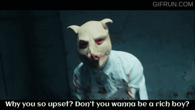 A Man Wearing A Pig Mask Says " Why You So Upset " GIF