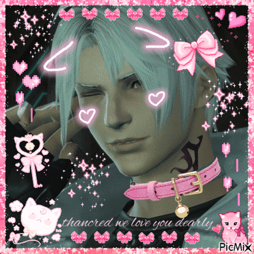 A Man Wearing A Pink Collar With The Words Thancred We Love You Dearly GIF