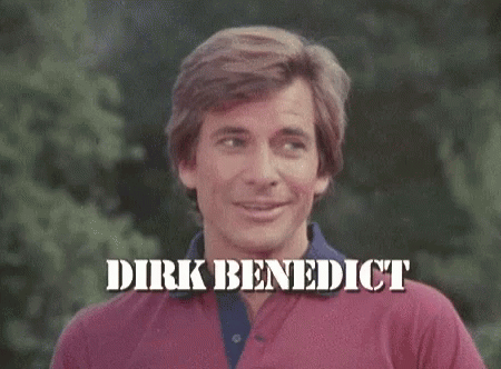 A Man Wearing A Pink Shirt With The Name Dirk Benedict Written On It GIF