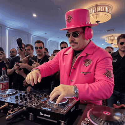 A Man Wearing A Pink Top Hat And Headphones Is Playing Music On A Dj Mixer GIF
