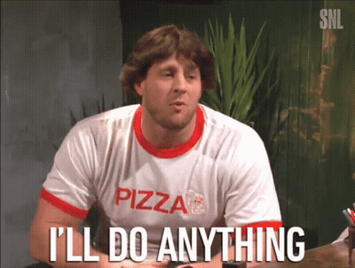 A Man Wearing A Pizza T-Shirt Says I 'Ll Do Anything GIF