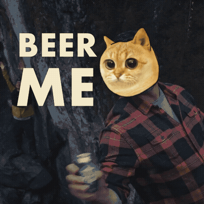 A Man Wearing A Plaid Shirt With A Cat Head And The Words Beer Me GIF