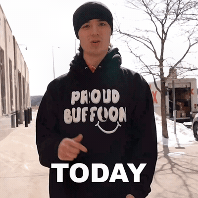 A Man Wearing A Proud Buffoon Sweatshirt Says Today GIF