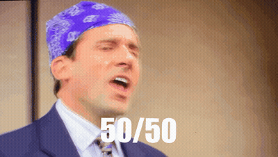 A Man Wearing A Purple Bandana And A Suit And Tie Says 50/50 GIF