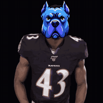 A Man Wearing A Ravens Jersey With A Blue Dog Mask On His Head GIF
