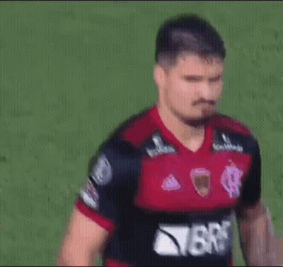 a man wearing a red and black jersey with the word brb on it is standing on a field .