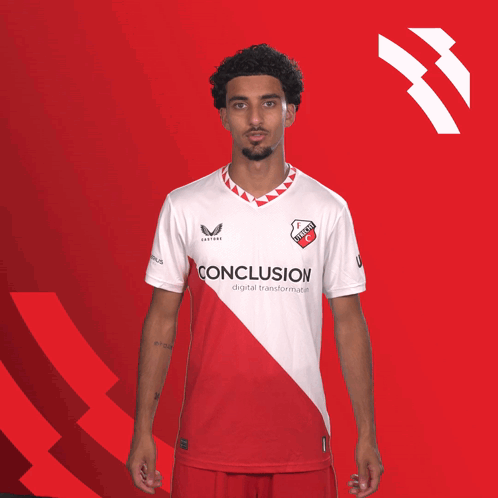 A Man Wearing A Red And White Conclusion Shirt GIF