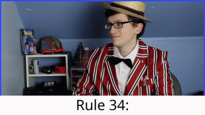 A Man Wearing A Red And White Striped Jacket And A Straw Hat With Rule 34 Written On The Bottom GIF