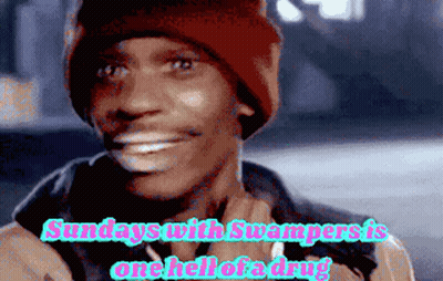 A Man Wearing A Red Beanie Is Smiling With The Words Sundays With Swampers Is One Hell Of A Drug GIF