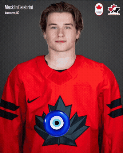 A Man Wearing A Red Canadian Jersey With A Maple Leaf On The Front GIF