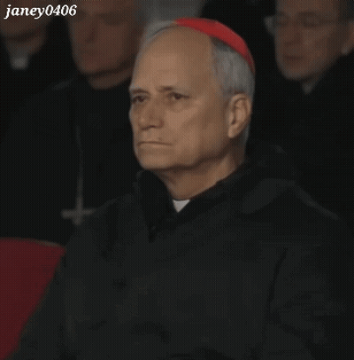 A Man Wearing A Red Hat And A Black Robe Is Sitting In A Crowd With The Name Janey0406 Written Below Him GIF