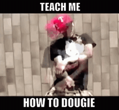 A Man Wearing A Red Hat And A Black Shirt Is Holding A Dog While Standing In Front Of A Brick Wall . GIF