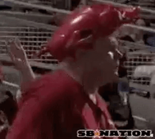 A Man Wearing A Red Hat And A Red Shirt Is Sitting In A Stadium And Saying Woo Pig . GIF