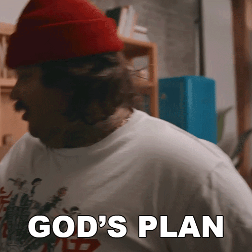 A Man Wearing A Red Hat And A White Shirt Is Saying God 'S Plan GIF