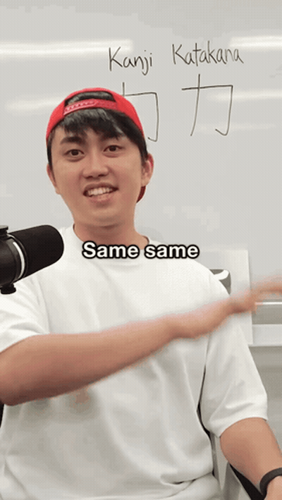 A Man Wearing A Red Hat And A White Shirt Says Kanji Katakana Same Same GIF