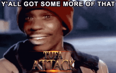 A Man Wearing A Red Hat Is Smiling In Front Of A Tuna Attack Logo GIF