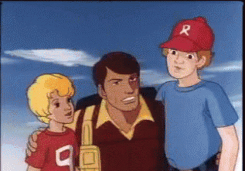 A Man Wearing A Red Hat With The Letter R On It Is Standing With Two Other Boys GIF