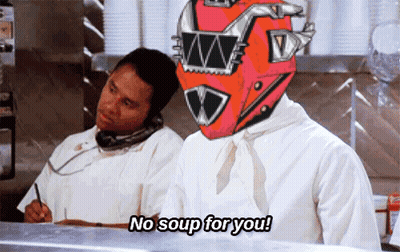 A Man Wearing A Red Helmet Says " No Soup For You " GIF
