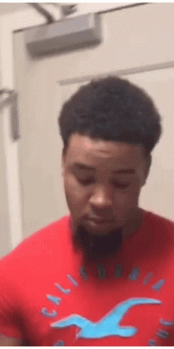 A Man Wearing A Red Hollister Shirt With A Blue Bird On It Is Standing In Front Of A Door . GIF